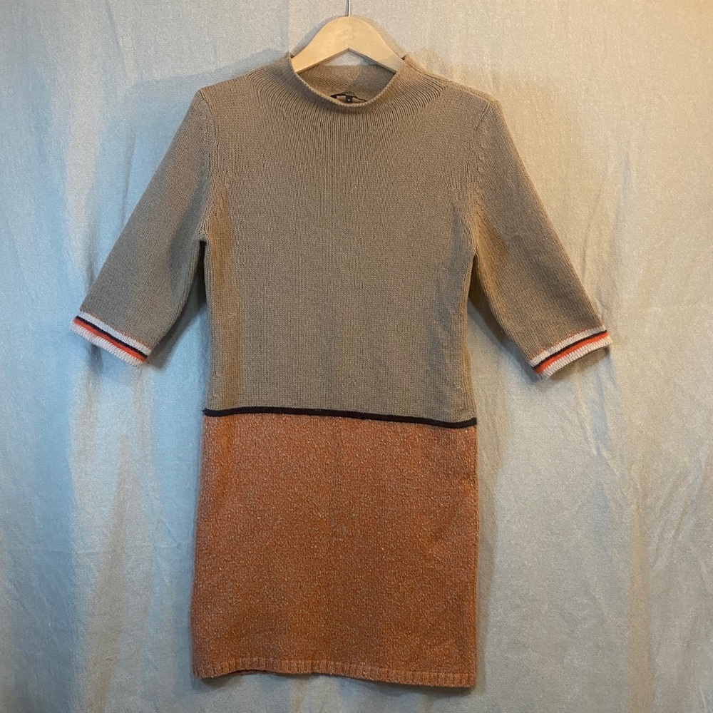 Two-Tone Knit Dress with Striped Sleeves